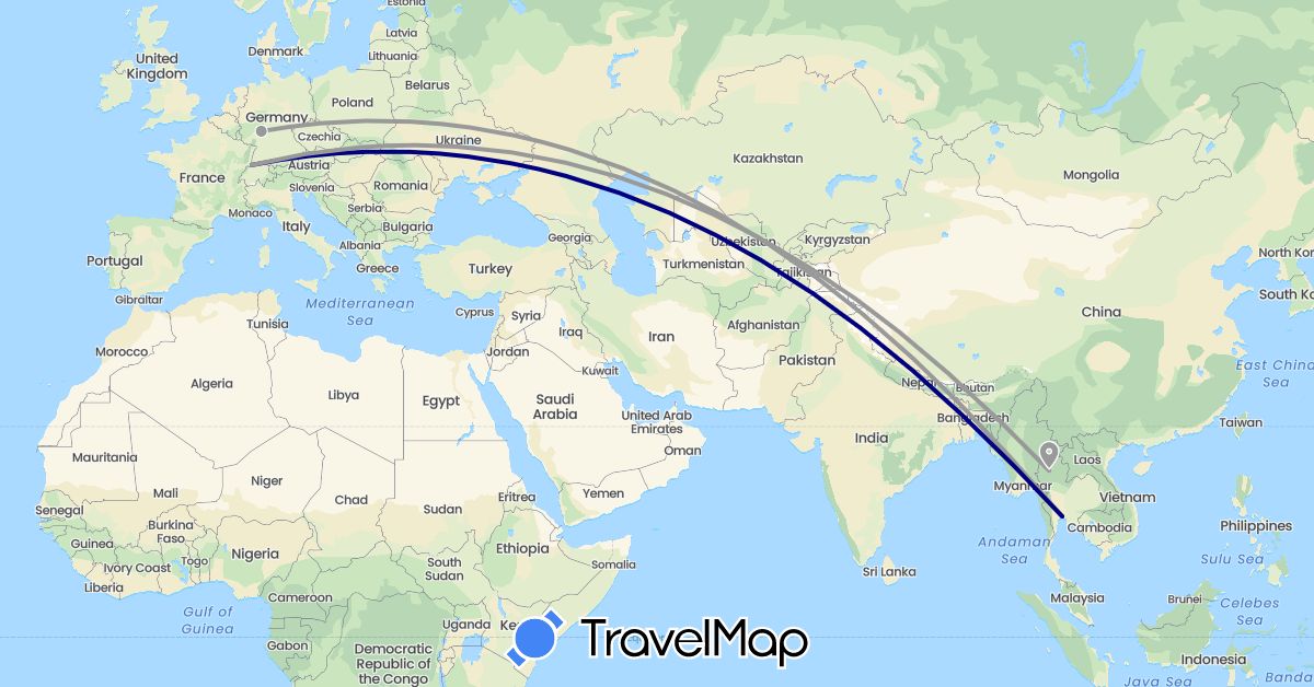 TravelMap itinerary: driving, plane in Switzerland, Germany, Thailand (Asia, Europe)